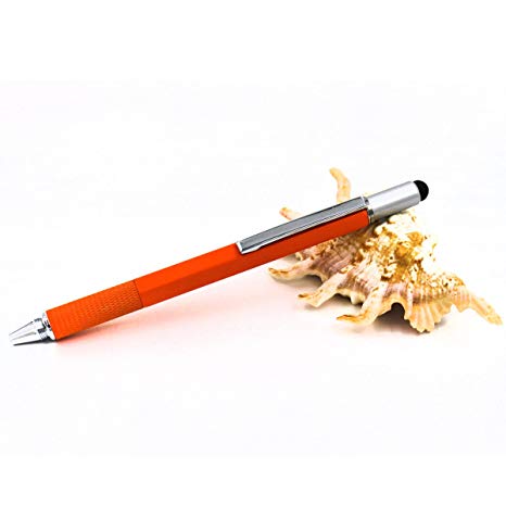 6 in 1 Multitool Pen with Gift Box - Includes 1 Ballpoint Pen, Universal Stylus Pen, Ruler,Flat and Phillips Screwdriver Bit, Level Gauge - The Perfect Multi-Function Gadget (Orange)