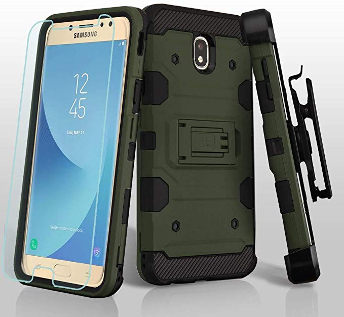 HD Accessory Mybat Military Grade Storm Tank Hybrid Case   Holster   Tempered Glass for Samsung Galaxy J7 (2018) - Forest Green
