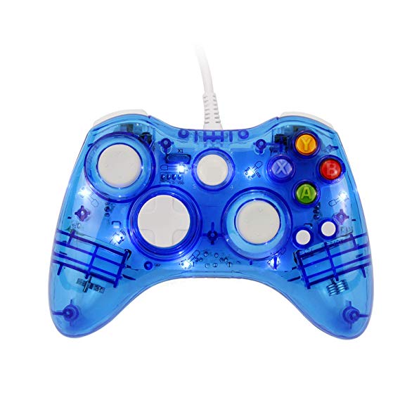 JAMSWALL Xbox 360 Controller,USB Wired Game Controller Shoulders Buttons Improved Double-Shock Force Feedback Design Transparent Gamepad with Shining LED Light for Xbox 360 PC Windows 7,8,10(Blue)