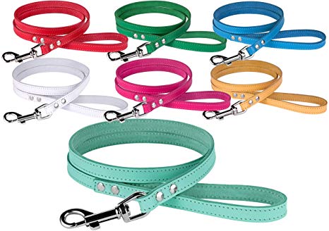 BronzeDog Leather Dog Leash 4ft, Heavy Duty Training Leather Dog Lead Puppy Leash Small Medium Large White Pink Red Blue Green Yellow Turquoise