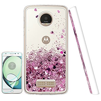 Moto Z Case,Moto Z Droid Case with HD Screen Protector,[Love Heart] Liquid Glitter Bling Sparkly Girls Women Soft TPU Bumper Cute Clear Quicksand Phone Cover Case for Motorola Moto Z Droid Rose Gold