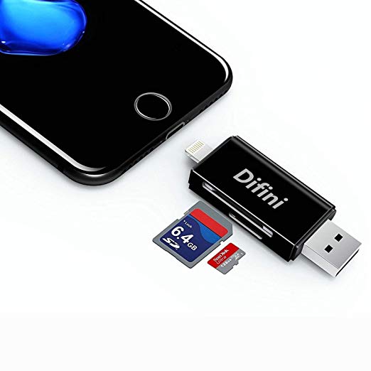 Difini Micro SD Card Reader, TF Memory Card Camera Reader Adapter with Lightning Connector, External Storage Memory Expansion Compatible with iPhone/iPad/Android Phones/Mac/PC, 3 in 1 (Black)