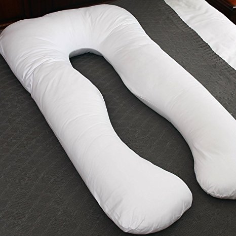 U Shaped Pregnancy Pillow Maternity Body Pillow With Invisible Zipper Removable Cover, 100% Cotton Fabric, White, 56 x 32 Inch