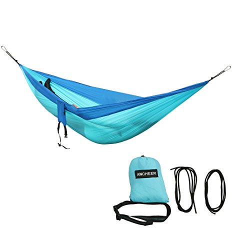 bobom Portable Camping Hammock Parachute Nylon Fabric Travel 350lbs With Metal Straps(Blue)
