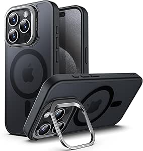 JETech Kickstand Case for iPhone 15 Pro 6.1-Inch Compatible with MagSafe, Built-in Adjustable Camera Stand, Translucent Matte Magnetic Back Slim Shockproof Phone Cover (Black Titanium)