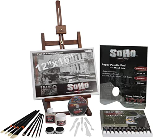 SoHo Urban Artist Deluxe 49 Piece Really Complete Acrylic Painting Set - Includes Tabletop Easel, 24ct 21ml Tube Acrylic Paints, Brushes, Palette Paper, Cups and Instructional DVD
