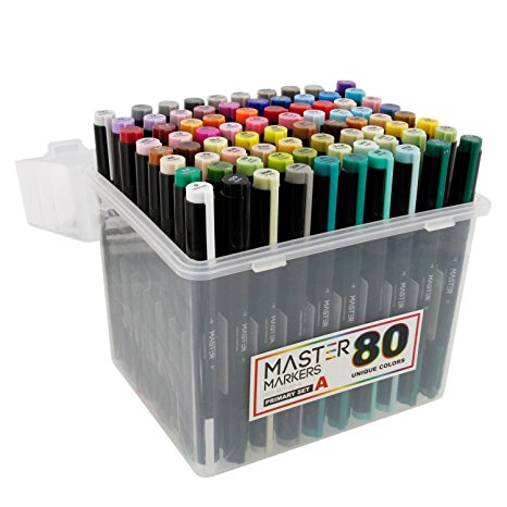 80 Color Master Markers Primary Tones Dual Tips, Set A - Double-Ended Art Markers with Chisel Point and Brush Tip - Soft Grip Barrels, Storage Case - Draw, Sketch, Shade, Illustrate, Render, Manga