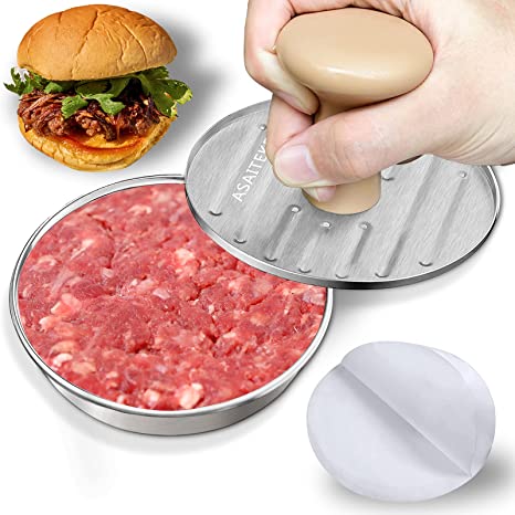 ASAITEKE Burger Press, 5”Stainless Steel Hamburger Press Patty Maker, Non-Stick Hamburger Press for Making Patties, for Grilling and Cooking, Comes with 100 Pieces of Wax Paper