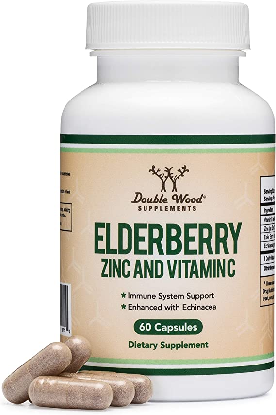 Elderberry Capsules with Zinc and Vitamin C - Enhanced with Echinacea (60 Count, 400mg) Comprehensive Immune System Support by Double Wood Supplements