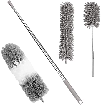 INTSUN 4Pcs Feather Duster, 100" Telescoping Duster, Ceiling Fan Duster, Cobweb Dusters Set Include Stainless Steel Pole, Microfiber Duster, Chenille Duster, for High Ceiling, Keyboard, Furniture Cars