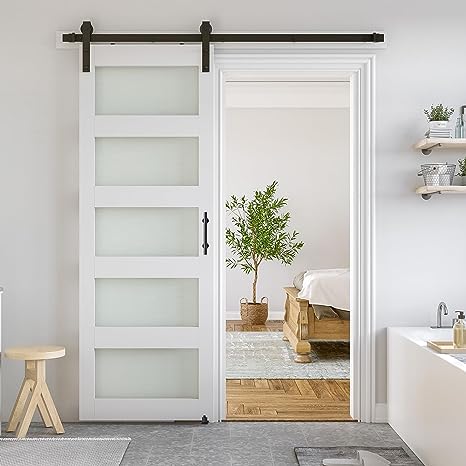 SmartStandard 30 x 84 in Glass Barn Door with 5FT Sliding Hardware Kit & Handle, Pre-Drilled Ready to Assemble, Waterproof PVC Coating, White, 5-Panel Glass