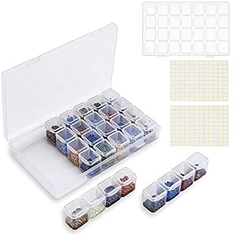 2 Pack Diamond Embroidery Boxes, 28 Grids Slot Diamond Painting Beads Storage Boxes, 5D Diamond Painting Accessories Craft Storage Containers with Marker Stickers