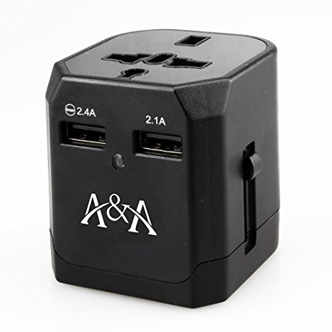 Travel Adapter with Smart Dual Fuse 2 USB Charger International All-in-one (US UK EU AU China) Upgraded Version Universal Global Converter Black