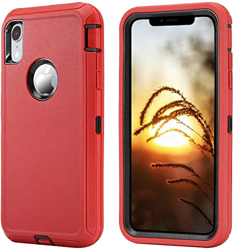 Annymall iPhone XR Case, Tri-Layer Heavy Duty [with Built-in Screen Protector][Support Wireless Charging] High Impact Resistant Full-Body Shockproof Cover for Apple iPhone XR (Red/Black)