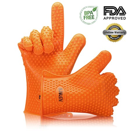 BLINKEEN® Silicone Heat Resistant BBQ Grill Gloves ，Great for Barbeque, Oven, Cooking, Frying, Baking, Smoking, Potholder. [Orange]