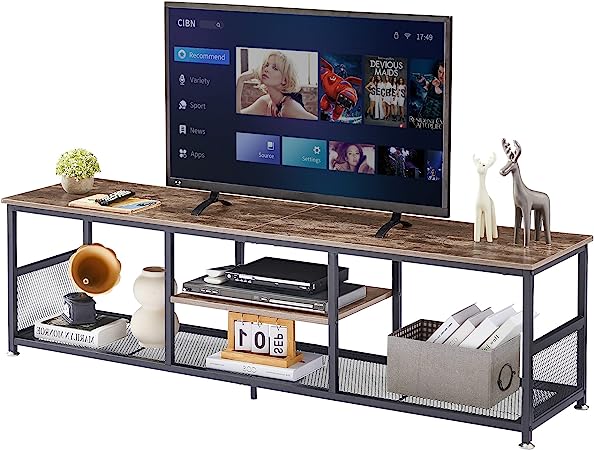 VECELO Industrial TV Stand for Televisions up to 70 Inch, 62" Entertainment Center with Open Storage Shelves for Living Room/Bedroom, 3 Tiers Media Console Table with Metal Frame, Brown, 62 Inches