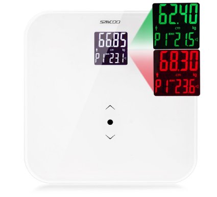 Saicoo® Smart Weigh Digital Precision Scale with Big Screen for Weight, Weight Comparison, BMI with Auto Recognition, Saves Up to 8 Profiles, Tempered-Glass Platform with Dual-Color LED-lit Backlight