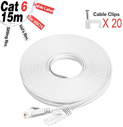GLCON CAT6 Ethernet Cable 15m Long High Speed 250Mhz Flat Lan Cable 1Gbps for Switch/Router/Modem White