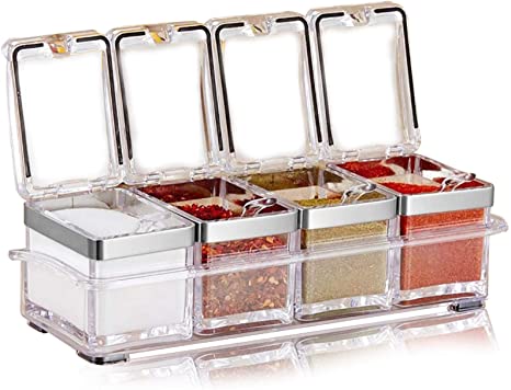 Aogist Kitchen Spice Pots, 4 Piece Clear Seasoning Box - Premium Quality Seasoning Storage Container - Storage Container Condiment Jars - Seasoning Rack - Acrylic Seasoning Box with Cover and Spoon