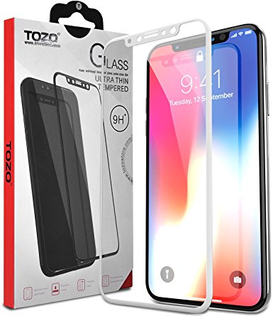 TOZO for iPhone X Screen Protector Glass [ 3D Full Frame ] Technology Premium Tempered 9H Hardness 2.5D PET [Soft Edge Hybrid] Super Easy Apply [ White]