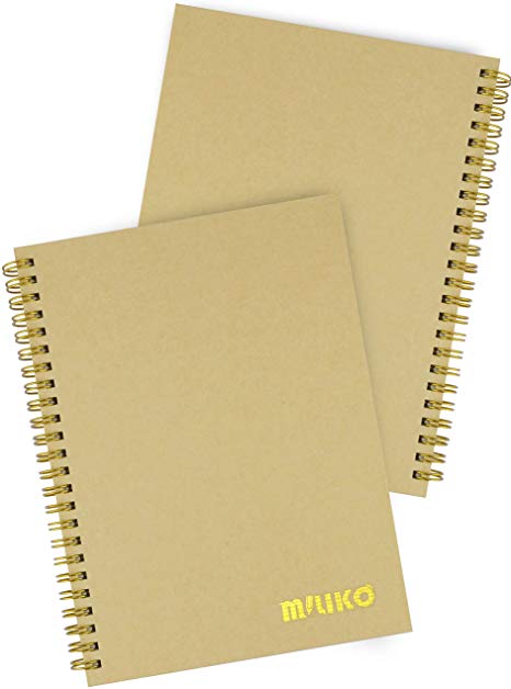 Miliko A5 Size Kraft Paper Hardcover Square Grid Wirebound/Spiral Notebook/Journal-2 Notebooks Per Pack-70 Sheets (140 Pages)-8.27 Inches x 5.67 Inches(Golden Binding Rings, Kraft Square Grid)