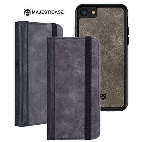 Majesticase iPhone 7 Plus Premium Suede Leather Wallet Case   Detachable Removable Magnetic Hybrid Protective Shell Cover & Elastic Band Closure [Book Style] Card Holder - Charcoal Black