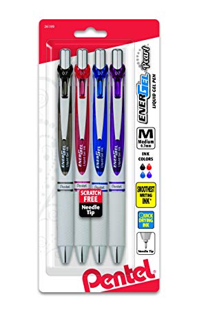 Pentel EnerGel Pearl Deluxe RTX Retractable Liquid Gel Pen, 0.7mm, 4 Pack, Assorted Colors (BLN77WBP4M)