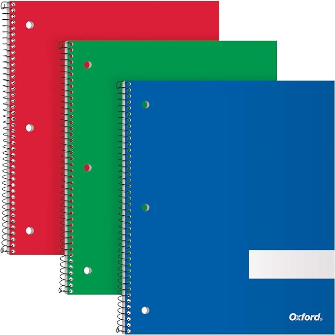 Oxford Spiral Notebooks, 1 Subject, Wide Rule, Durable Covers, Heavy-duty Coil, 1 Pocket, 8.5 x 11, 100 Sheets, Red, Blue, Green, 3/Pack (89702)