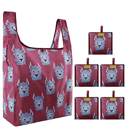 Alpaca Grocery Reusable Bags Foldable 5 Pack Cute Animal Reusable Gift Bags Large Capacity Can Hold 50Lbs Waterproof Sturdy Ripstop Nylon Bags with Attached Pouch Folding Bags for Shopping, Groceries