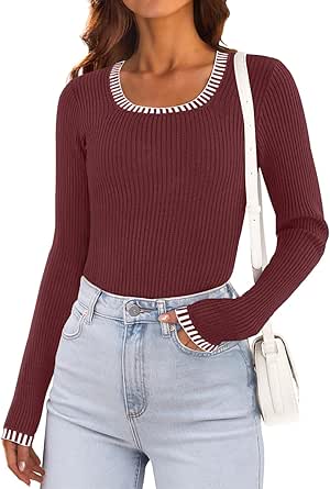 MEROKEETY Women's Long Sleeve Ribbed Knit Bodysuits Scoop Neck Slimming Fit Fall Trendy Sweater Tops