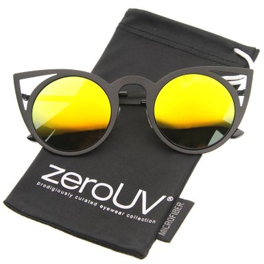 zeroUV - Womens Fashion Round Metal Cut-Out Flash Mirror Lens Cat Eye Sunglasses