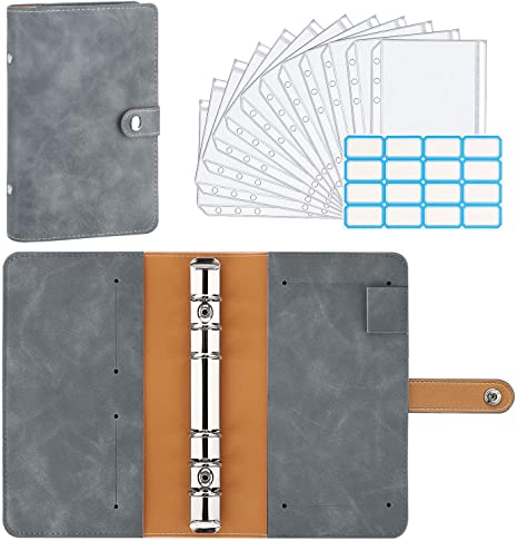 MoKo 6-Ring Binder Notebook, A6 PU Leather Loose-Leaf Notebook Folder with 12-Pack Clear Plastic Binder Envelopes, Clear Budget Envelope System Planner with Label Stickers - Gray