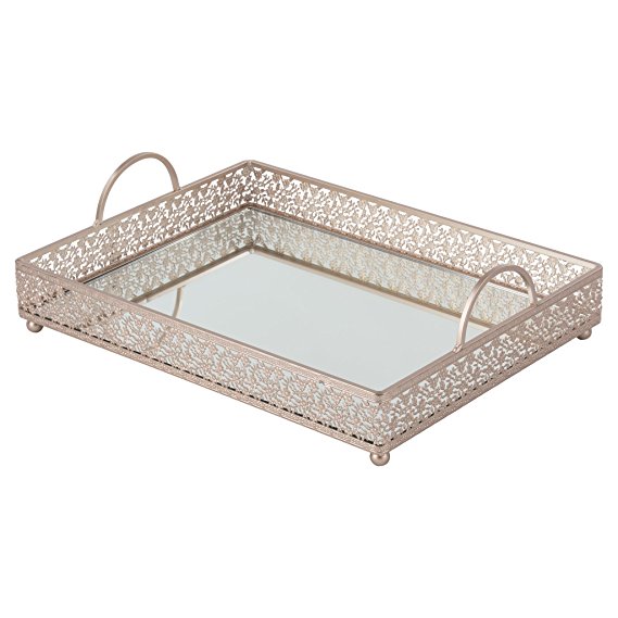 Giovanni Champagne Mirror Top Serving Tray, Rectangular Metal Ornate Accent Vanity Food Decorative Display Platter