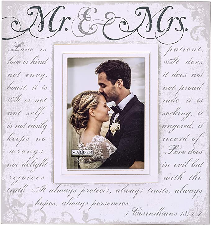 Malden International Designs Silkscreened Corinthians Verse Mr & Mrs Wood Picture Frame, 5x7, Off White