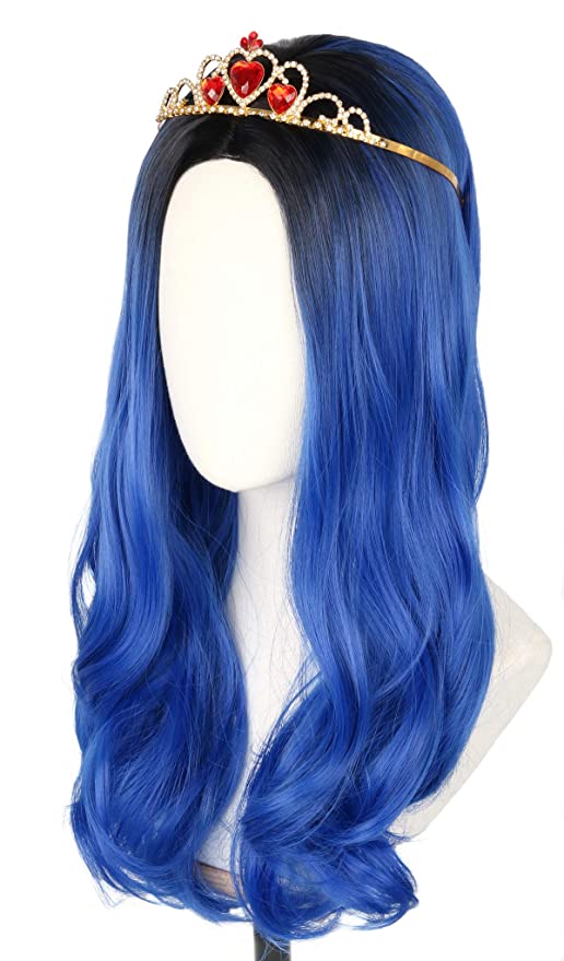 Topcosplay Evie Wig for Kids Child Girls Long Wavy Blue Wig Halloween Costume Cosplay Wig Black Roots