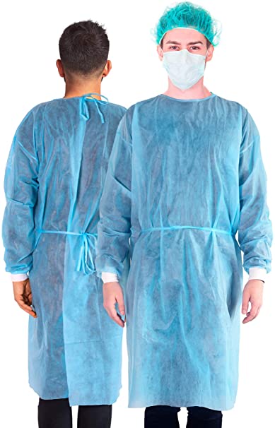 Disposable Isolation Gowns with Long Sleeve, Knit Elastic Cuffs, Fully Closed Double Tie Back – Lightweight Breathable, Fluid Resistant, Unisex