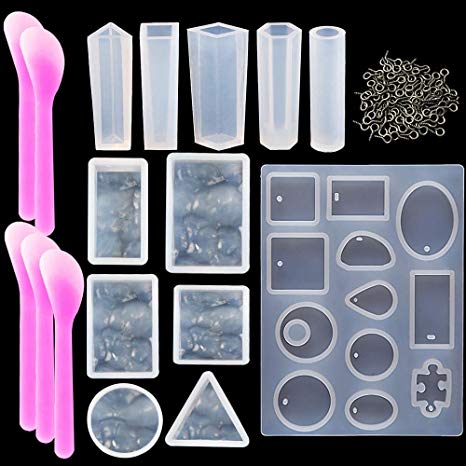 1 Pack Jewelry Casting Molds & 5 Styles Pendant Silicone Mold & 6 Styles Water Wave Silicone Jewelry Mold, Come with 50 PCS Screw Eye Pins & 5 PCS Mixing Spoons