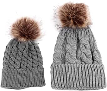 jskjlkl 2Pcs Parent-Child Hat, Women Mother Child Baby Warm Winter Knit Beanie Fur Pom Hat Crochet Ski Cap