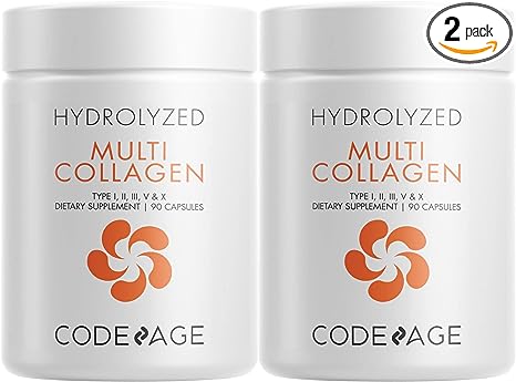 Codeage Multi Collagen Protein Capsules, Type I, II, III, V, X, Grass Fed & Hydrolyzed Collagen Pills Supplement, All in One Collagen, Bone Broth, Amla Berry Source of Vitamin C, Non-GMO - (2 Pack)