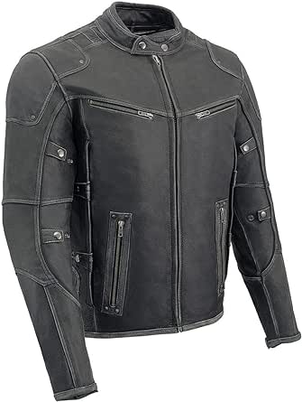 Milwaukee Leather MLM1536 Mens Vintage Distressed Grey Leather Scooter Style Motorcycle Jacket - Reflective Piping