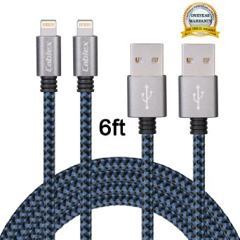 Cablex 2Pack 6FT Nylon Braided 8 Pin Lightning to USB Sync Data and Charging Cable Cord with Aluminum Heads for iPhone6/6s/6 plus/6s plus, 5c/5s/5/SE, iPad Air/Mini, iPod Nano/Touch (Blue)