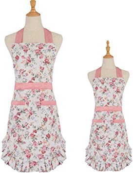 ALIPOBO Kitchen Aprons for Mother and Daughter, Adjustable Bib Cotton Aprons with 2 Pockets and Extra Long Ties, Lovely Adult Women and Young Girl Aprons for Cooking, Baking