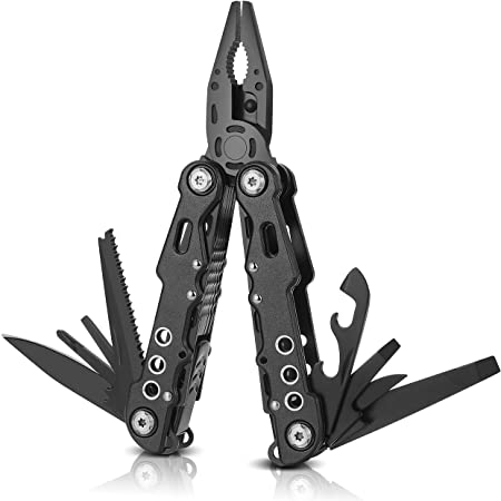 Suruid 12 in 1 Multi Tool Pliers Pocket Knife with Durable Nylon Sheath, Multitool with Pliers, Bottle Opener, Screwdriver, Saw-Perfect for Outdoor, Survival, Camping, Fishing, Hiking - Cool Black