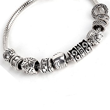 RUBYCA Tibetan Silver Tone Color Spacer Loose Beads and 1pcs European Charm Bracelet Mix 100pcs DIY