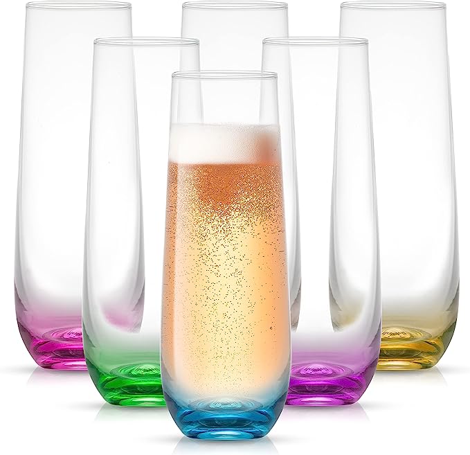 JoyJolt HUE Stemless Champagne Flutes Set of 6 Colored Glasses. 9.4oz Champagne Glasses. Prosecco Wine Flute, Mimosa Glasses Set, Cocktail Glass Set, Stemless Glasses, Crystal Glasses, Bar Glassware