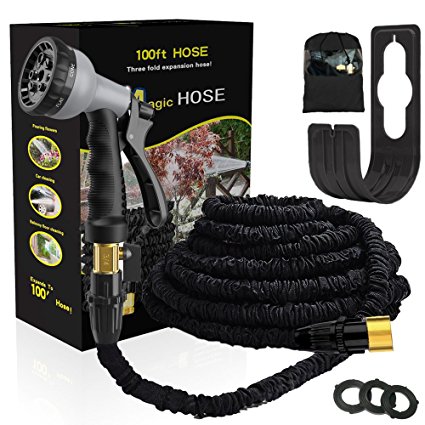 Liwison Expandable Garden Hose Pipe 100FT Expanding Water Hose With(Valve) 8 Function Spray Gun Double Latex Inner Tube Solid Brass Fittings Prevent Leaking Durable Strength Fabric Magic Hose Pipes With Holder/Storage Bag (Black)