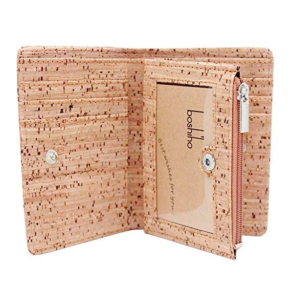Boshiho Eco Cork Friendly RFID Blocking Wallet Bi-fold Card Holder Vertical Wallet With Zippered Coin Purse & ID Window