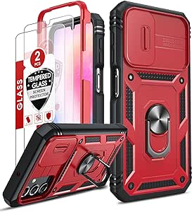 LeYi for Samsung Galaxy A25-5G Phone Case: with 2PCS Tempered Glass Screen Protector & Slide Camera Cover & Magnetic 360°Rotatable Kickstand, Heavy Duty Protective Galaxy A25 5G Phone Case, Red Black