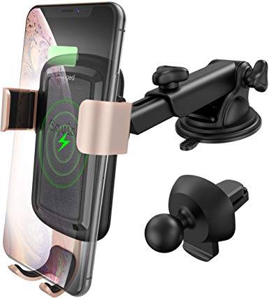 Squish Wireless Car Charger, Qi Fast Charing Car Charger Mount, Automatic Gravity Car Phone Holder for Dashboard Windshield Air Vent iPhone X XRr XS Max Samsung S10/S9/S9 /S8/S8 /S7/Note10/9/Note8 etc