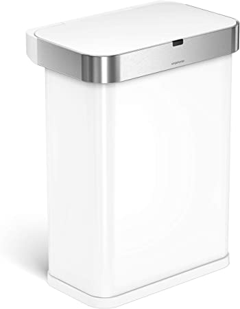 simplehuman 58 Liter / 15.3 Gallon Rectangular Voice and Motion Sensor Automatic Kitchen, White Stainless Steel Hands-Free Trash Can